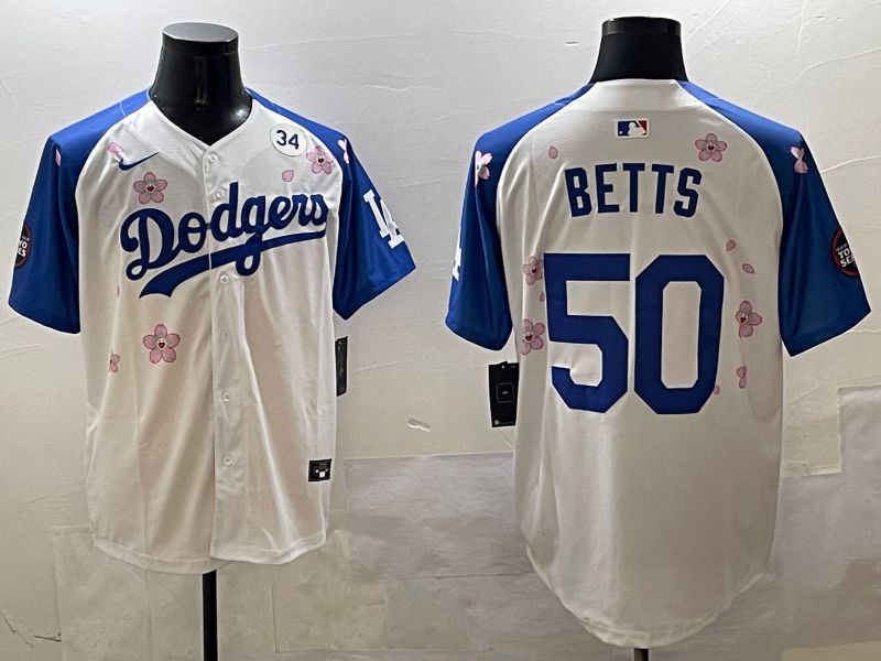 Men Los Angeles Dodgers #50 Betts White Blue Sakura Edition 2025 Nike MLB Jersey style 4->los angeles dodgers->MLB Jersey